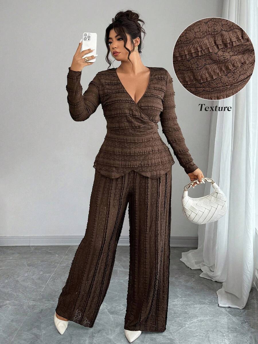 Elenzga Ensemble 2 pièces casual pour femmes grandes tailles, Top à manches longues col V texturé couleur unie et pantalon large - Marron - Voir 1
