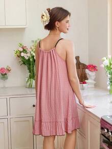 撞色边缘抽绳细肩带荷叶边下摆女士睡裙睡衣裙荷叶边下摆连衣裙休闲夏装女士夏装女士服装夏装娃娃裙 - 粉色 - 查看 2