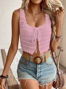 EMERY ROSE Women's Dusty Pink Solid Color Hollow Design Front Tie Sleeveless Knit Top,Summer Boho Vacation Holiday Crochet Crop Top - Baby Pink - View 5
