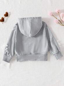 Genkimix Kids Toddler Girls Light Grey Casual Zip Up Hoodie, Jacket With Zipper And Lace Bow Details Drop Shoulder Regular Length Every Day Wear Fall Winter - Light Grey - View 2