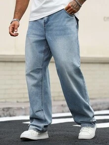 Manfinity Homme Plus Size Men's Casual Loose Fit Light Blue Denim Jeans Baggy Jeans Man Oversize Jeans Men - Blue - View 7