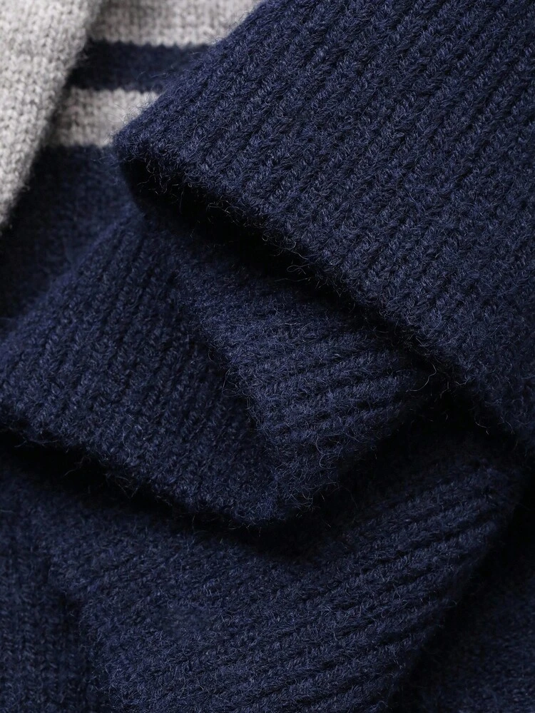 Contrast Stripe Metal Logo Loose V-Neck Long Sleeve Scarf Thick Casual Street Style Knit Sweater For Women, Autumn/Winter