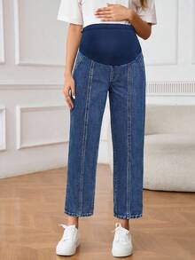 SHEIN Maternity Winter Solid Color Casual Jeans - Medium Wash - View 5