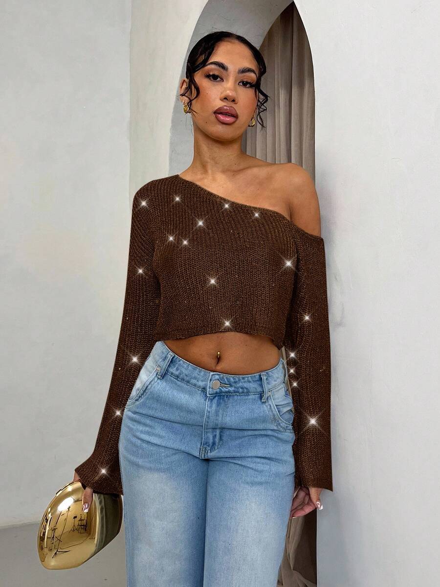 SHEIN BAE 秋冬女款闪亮斜肩长袖针织上衣 - 咖啡棕 - 查看 1