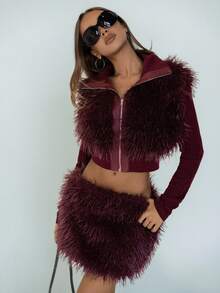 SHEIN ICON Bộ 2 món đồ bằng da và lông thú giả dành cho nữ, gợi cảm và tiên phong - Màu Đỏ Sâu - Xem 1