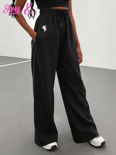 SHEIN Explorewe 青少年女孩休闲运动裤，简约徽标图案，撞色口袋装饰，宽松阔腿针织慢跑裤秋冬款