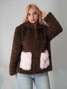 Sweetina Women's Fluffy Jacket With Cute Koala Ears, Adorable & Sexy In Fall/Winter - Coffee Brown - View 5