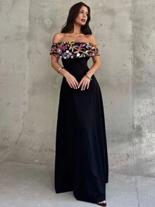 Aloruh 女士花卉亮片露肩连衣裙，优雅迷人 - 黑色 - 查看 7