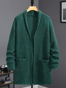 Manfinity Homme 男式纯色落肩长袖针织休闲开衫，带口袋，秋冬 - 墨綠色 - 查看 3