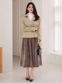 DAZY 女式休闲纯色风衣，秋季夹克 - 杏色 - 查看 6