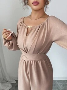 Rafferiza 女士优雅通勤木珠装饰圆领扭腰长袖阔腿连体裤 - 卡其色 - 查看 8