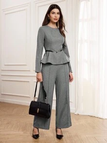 Miaspire 女士优雅两件套，秋冬收腰衬衫和长裤，适合优雅场合的精致服装 - 灰色 - 查看 1