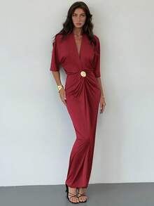 Aloruh 女士纯色重叠V领蝙蝠袖褶裥修身优雅长连衣裙，婚礼宾客礼服 - 酒紅色 - 查看 6