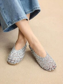 Rosivie Giày bệt khoét lỗ thêu dệt theo yêu cầu mới dành cho nữ, thời trang tối giản đa năng, phù hợp với mọi mùa và dịp, đi làm, đi nghỉ, phong cách Boho - Bạc - Xem 1