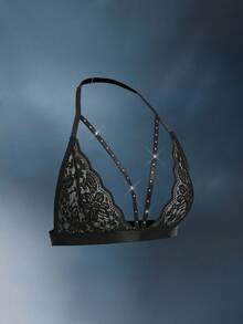 شمواه تصميم زهري شفاف للنساء، حماله صدر للملابس الداخلية بطراز كشاكش - الأسود - مشاهدة 4