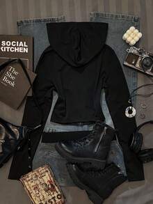 SHEIN EZwear Damen Einfarbiger Figurbetonter Kapuzen-T-Shirt, Herbst