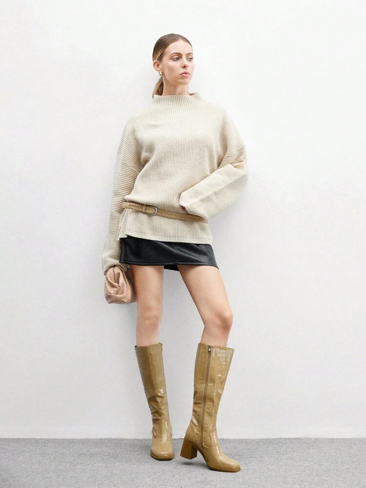 CUCCOO BIZCHIC 女性用ファッションニーハイブーツ、スクエアトウ チャンキーヒール デザイン、ベージュ ストーンテクスチャー 無地、サイドジッパー、スカート、ジーンズ、コートに合わせやすい、秋冬に適した、ファッションショー、通勤に最適、スタイリッシュな女性用ロングブーツ
