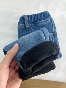 SHEIN 女婴蓝色牛仔保暖内衬弹力腰紧身裤，秋冬季，加绒加厚保暖牛仔裤 - 淺色水洗藍 - 查看 7