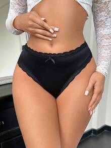 Seduluxe 1pc Women Solid Color Lace Patchwork Panty - Black - View 2