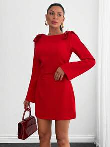 EURMUSE Women, Autumn, Short Dress, Tie Shoulder, Zipper, Flare Sleeve, - Red - View 5
