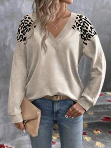 EMERY ROSE 女式V领层叠豹纹长袖T恤，热销，秋冬 - 彩色 - 查看 3