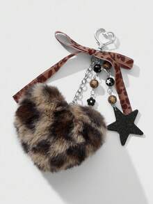 ROMWE Kawaii 1 件时尚复古个性化亚克力星花棕色仿皮草豹纹蝴蝶结心形 DIY 钥匙扣包饰，适合女性、日常佩戴、节日礼物