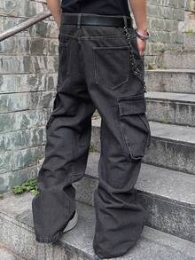 Manfinity EMRG 宽松男士翻盖口袋和侧面板设计工装牛仔裤（不含腰带），宽松牛仔裤，垃圾摇滚 - 黑色 - 查看 2