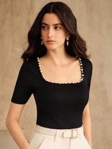 Anewsta New Fashionable Seamless Fitted Rhinestone Embellished Crew Neck T-Shirt