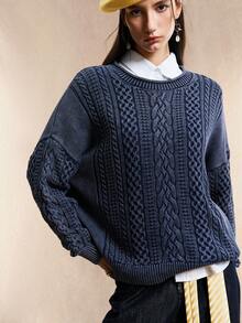 Easelle 纯色休闲百搭圆领长袖女式毛衣 - 霧霾藍 - 查看 5