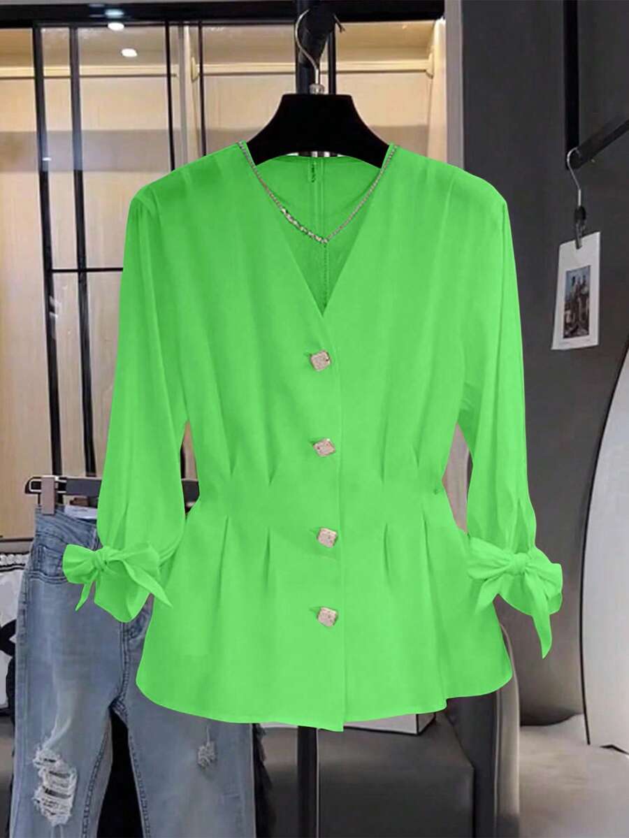 Franclia 女式休闲系带V领收腰中袖衬衫 - 綠色 - 查看 1
