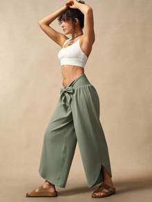 VARSIVA 女士纯色打结腰部阔腿宽松休闲裤 - 綠色 - 查看 8