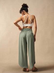 VARSIVA 女士纯色打结腰部阔腿宽松休闲裤 - 綠色 - 查看 10