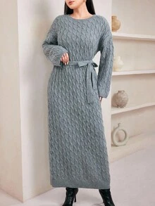 Veilorie 女式休闲纯色长袖圆领毛衣裙 - 深灰色 - 查看 7