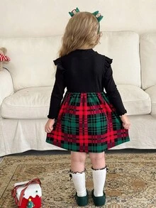 LMoss Kids LMoss Young Girl Knitted Round Neck Ruffle Hem Plaid Casual Dress,Girls Autumn Princess Birthday Christmas French Style Long Sleeve Patchwork Dress - Multicolor - View 2