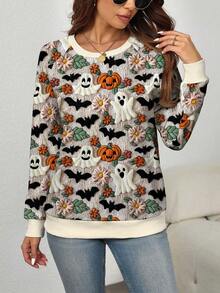 EMERY ROSE Plus Size Halloween Ghost, Pumpkin & Bat Print Raglan Long Sleeve Sweatshirt Pullover Fall Winter Autumn - Multicolor - View 3