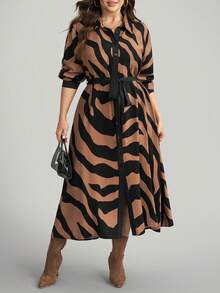 Comfylo Damen Große Größen Zebra-Muster Langarm Einreiher Lässig Hemdblusenkleid - Verschiedenfarbig - Übersicht 6