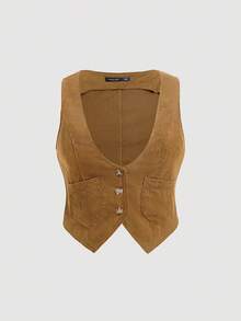 SHEIN MOD Damen Große Größen Einfarbige V-Ausschnitt Einreihige Lässig Weste Jacke, Herbst - Khaki - Übersicht 1