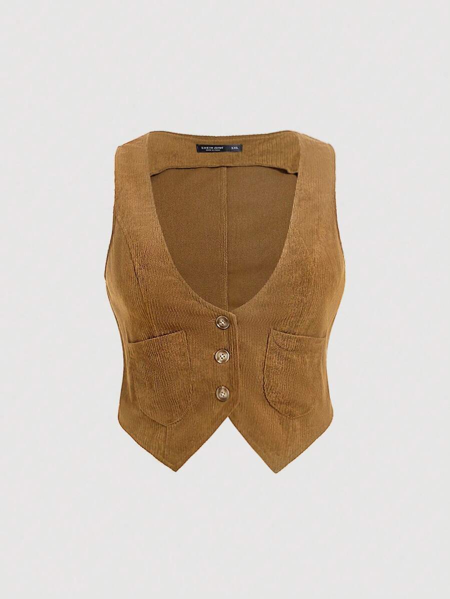 SHEIN MOD Damen Große Größen Einfarbige V-Ausschnitt Einreihige Lässig Weste Jacke, Herbst - Khaki - Übersicht 1