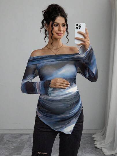 Momance Off-Shoulder Long Sleeve Casual Graphic T-Shirt, Suitable For Everyday Wear For Pregnant Women