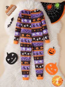 Young Boy Halloween New Snug Fit Knit Purple Skeleton, Pumpkin Lantern, Bat Long Sleeve Jumpsuit Pajamas, Family Matching Kids Halloween Pajamas Snug Fit Fall Winter - Multicolor - View 2