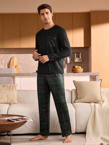 Manfinity Underwear&Sleepwear Basics Plus Size Men's Plaid Pocket Long Sleeve Pajama Set
