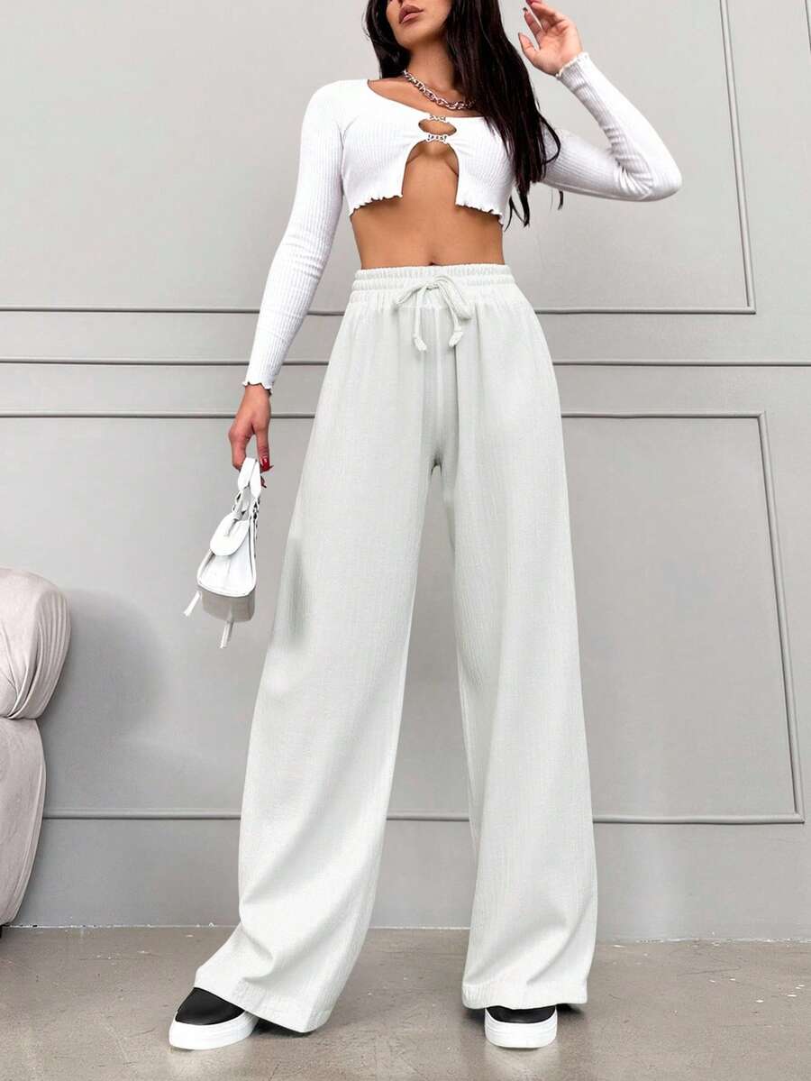 RueChic Einfarbige Lange Damenhose Mit Kordelzug In Der Taille - Weiss - Übersicht 1