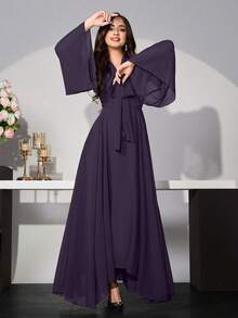 Modelyn 女式纯色喇叭袖收腰连衣裙 - 紫色 - 查看 3
