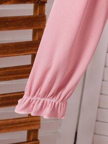 SHEIN Vintaside Kids 2 件套女童休闲罗纹针织开衫，蝴蝶结装饰和简约印花吊带裙，春秋 - 粉色 - 查看 6