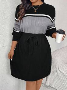 SHEIN Frenchy 秋冬大码女式拼色条纹长袖毛衣裙 - 灰色 - 查看 2