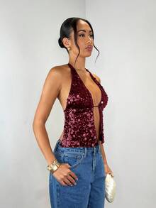 SHEIN BAE 女士优雅露背亮片吊带上衣，适合晚宴、狂欢派对、约会之夜、夜店聚会、秋冬性感装扮、Y2K闪亮圣诞风、圣诞派对女装、节日派对女装、感恩节/性感装扮、夜店风、红色上衣、情人节等场合。 - 酒紅色 - 查看 5