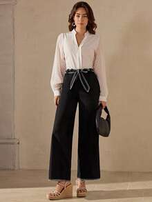 Wildy Fall Bottoms Women's Black Casual Tie-Up Pants Business Casual Woman Bow Pants Women Wide Leg Pants Black Wide Leg Pants  Fall Women Clothes Office Wear Women Business Professional Women Wide Leg Pants With Tie Belt High Waist Pants ChicAutumn - Black - View 3