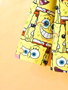 SpongeBob SquarePants | SHEIN 小男孩卡通多表情满印翻领纽扣前长袖上衣和裤子阻燃秋冬睡衣套装 - 黃色 - 查看 3
