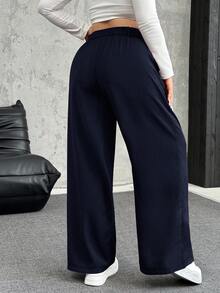 SHEIN EZwear 秋冬大码纯色褶皱阔腿宽松休闲裤 - 藏蓝色 - 查看 2