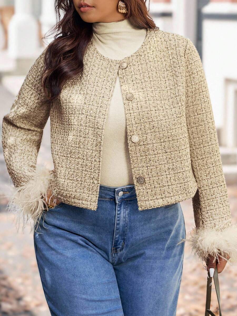 Vionelle Plus Size Elegant Commuter Faux Fur Cuff Cropped Jacket Fall Winter Cloth For Women Winter Autumn - Multicolor - View 1